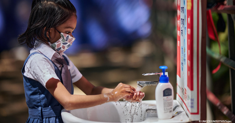 UNICEF's tweet photo. Why do we need basic sanitation facilities including safe water, soap and handwashing stations at school?

Because they provide a healthy and inclusive learning environment, protecting children from infectious diseases, including COVID-19.

Our latest report.