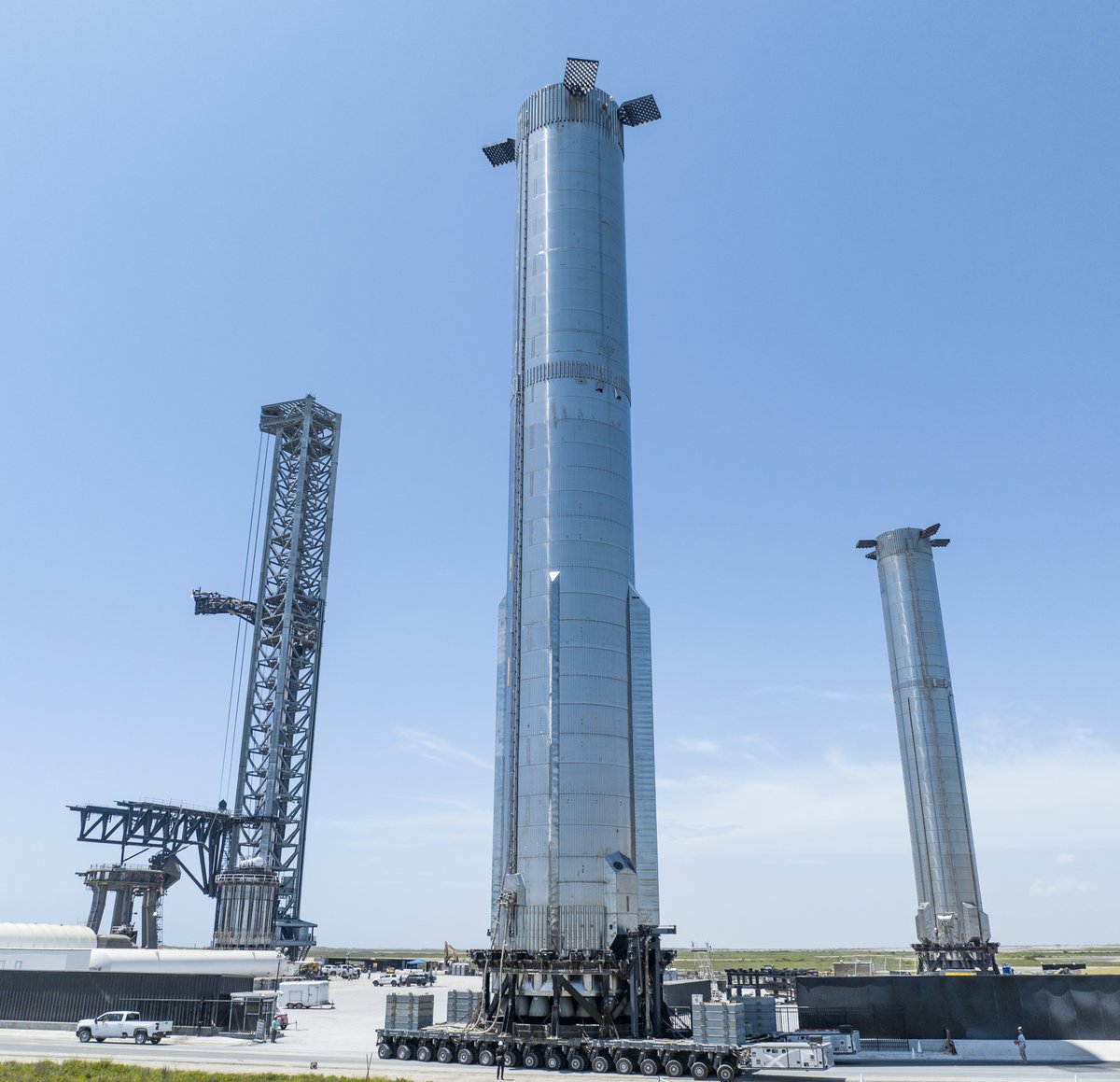 Super Heavy Booster 7 with 33 Raptor engines installed was transported to the orbital launch pad at Starbase