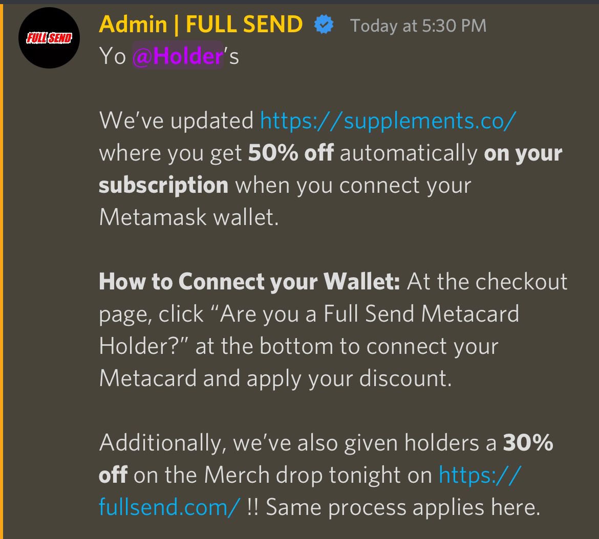 fullsendAF's tweet image. Full Send Supplements 🤝 Metacard 

Join The Discord: discord.gg/fullsendnft 🌋