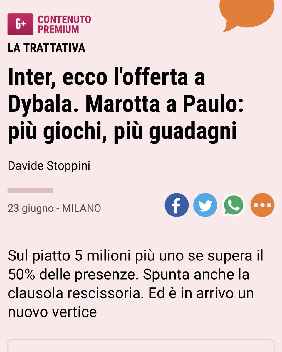 jrbasket2015's tweet photo. È di #Stoppini l’articolo della #Gazzetta sulla nuova offerta dell’#Inter per #Dybala
5M più 1M di bonus se supera il 50% delle presenze e clausola rescissoria. Presto nuovo vertice. https://t.co/KybKKlr9pz