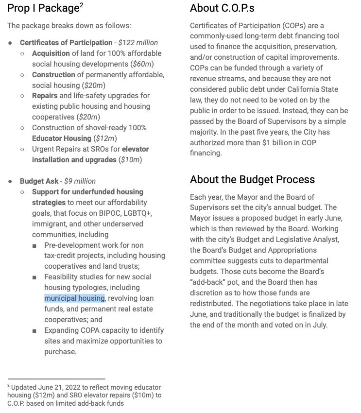 SFCommHousing's tweet photo. The updated Prop I Social Housing Budget Package by @DeanPreston is being heard at Budget & Appropriations Committee!
It will include $9 million in add-backs, including for studying Prop K municipal housing.
Email your Supervisor today! https://t.co/ebw6XxnZ85 https://t.co/aJxSwxQEiE