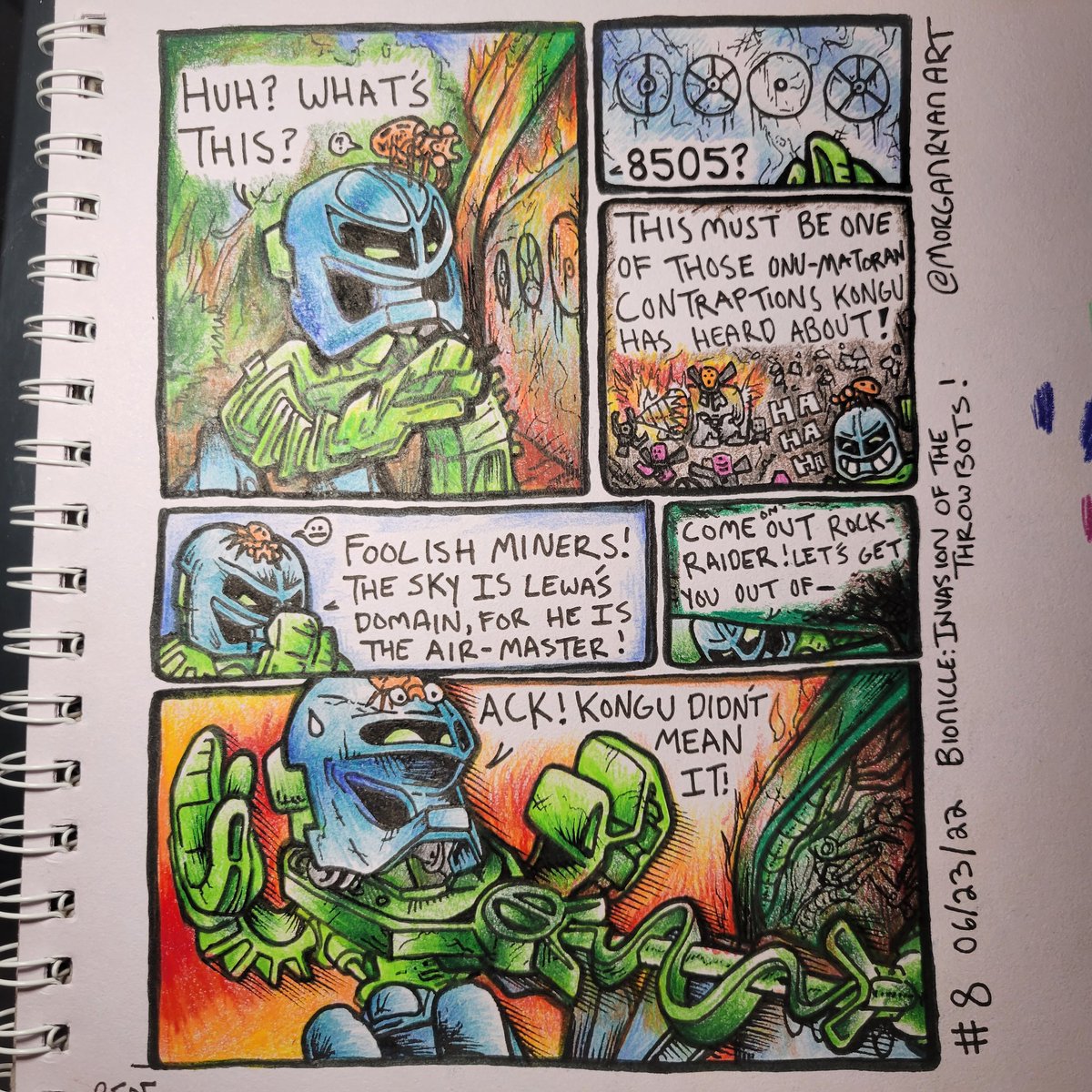 MorganRyanArt's tweet photo. 👀👀 While searching the crashsite, something grabs Kongu! 😲 #bionicle #lego #fanart #throwbot #slizer #comic https://t.co/I8JDDw5hjd