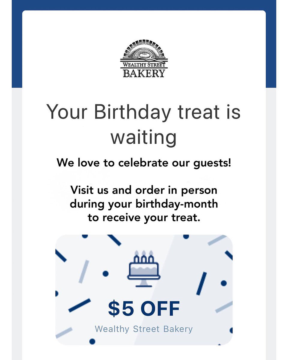 wealthystbakery's tweet photo. Did you know that as a member of Wealthy Street Bakery rewards, you’ll get a $5 off coupon to use in person during your birthday-month at either one of our locations?!

Signing up is easy, just follow this link: https://t.co/yKIdKcPoPE https://t.co/TtgZBOa14J