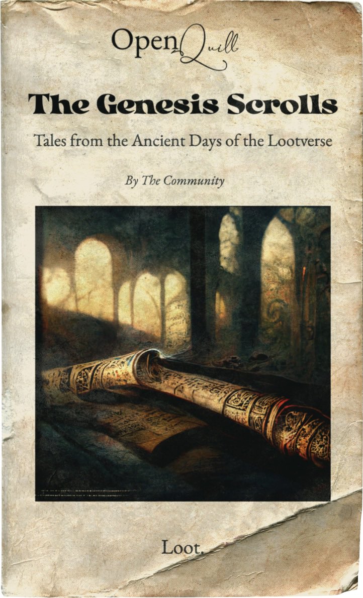 Timshel's tweet photo. just announced the results of round 1 of the "Genesis Scrolls" project

A) as a celebration of the creative outpouring, round 1's 5ETH grant pool will be split evenly across all 30 writers 

B) two writers will receive a @lootproject bag! @DefaultTriangle/@ticklishart 

scroll 👇 https://t.co/O53V1otBPt