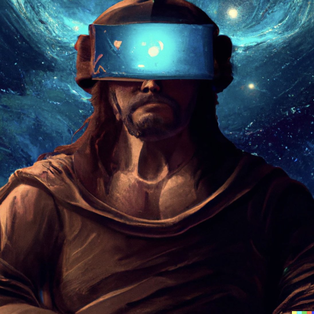 “Leonardo De Vinci wearing VR goggles with the universe in the background” #dalle #dalle2