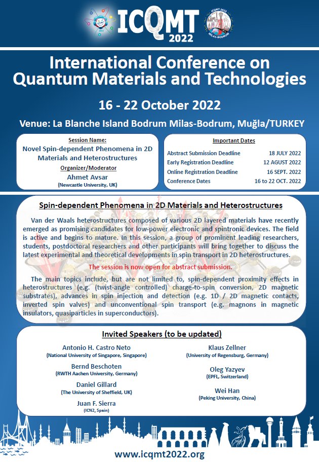 As part of ICQMT-2022 taking place at Bodrum/Turkey on 16-22/10/22, we are organising a focus session titled “Novel Spin-dependent Phenomena in 2D Materials and Heterostructures". It is now open for registration &amp; abstract submission. Please RT to share the info with your network
