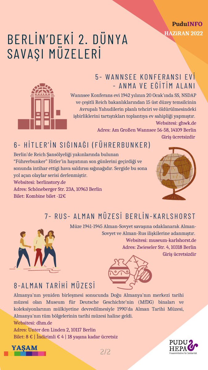 PuduhepaBerlin's tweet photo. 🏛 Biz de sizin için özellikle #Berlin ve çevresinde ziyaret edebileceğiniz, tarihe farklı perspektiflerden ışık tutan çoğu ücretsiz #müze ve #sergiler i derledik 🎞. 
🕰 Tarihten çıkarılacak çok ders var 🙌🏽, Hepinize iyi gezmeler.
#ikincidünyasavaşı #berlinmüzeleri #puduinfo https://t.co/9lpDhjTwzR