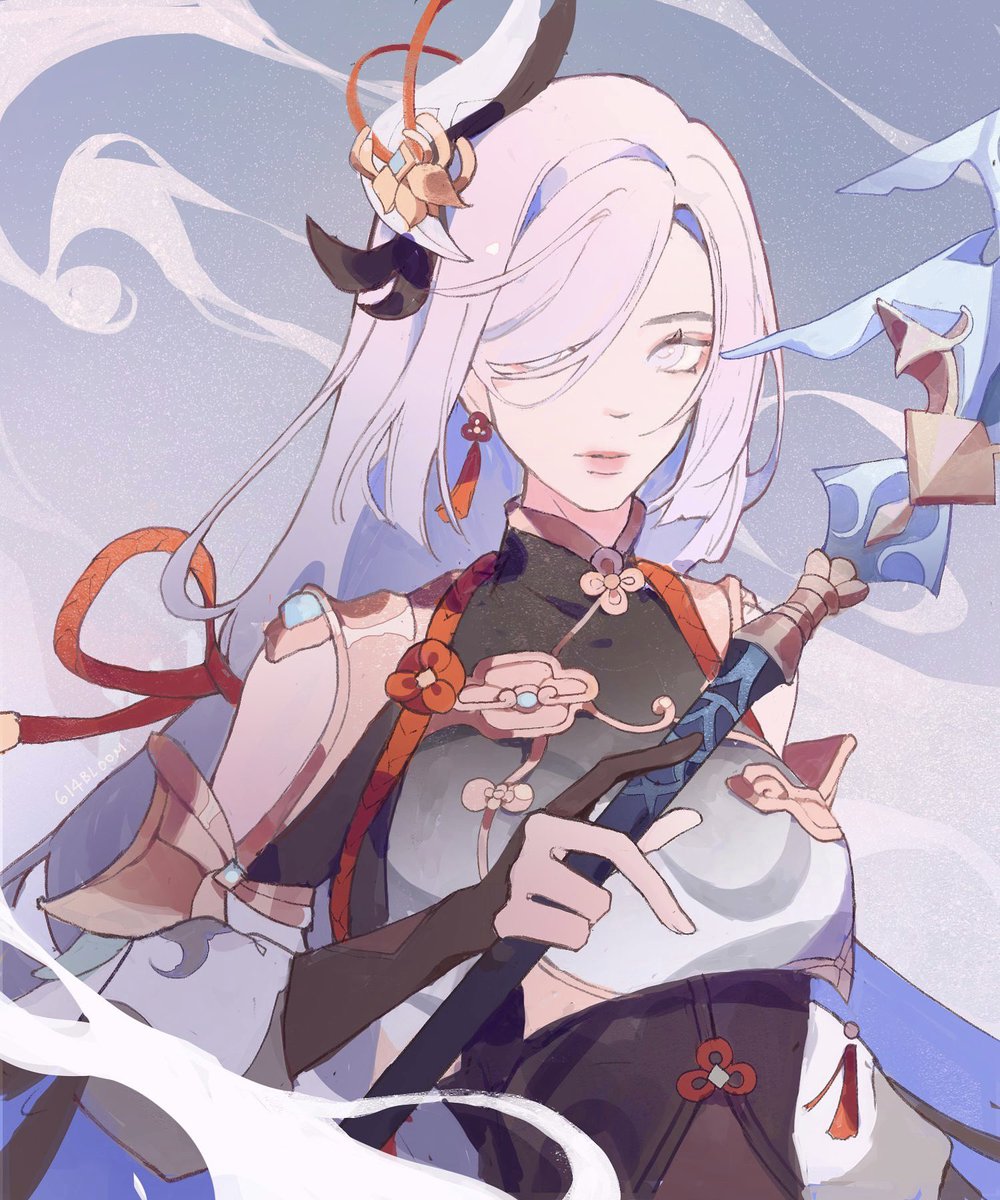 shenhe (genshin impact) 1girl solo weapon hair over one eye long hair hair ornament holding  illustration images
