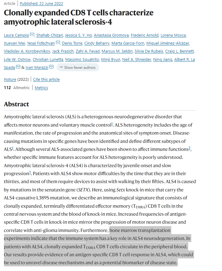 aVoice4ALS's tweet photo. Study in @Nature found mutations in SETX must be expressed in nervous & adaptive immune systems to generate motor impairment
Researchers detected a high concentration of CD8 T cells in spinal cord & peripheral blood of people w #ALS4
https://t.co/UP3WWPt4o7
@IcahnMountSinai https://t.co/EVJbxbUmJm