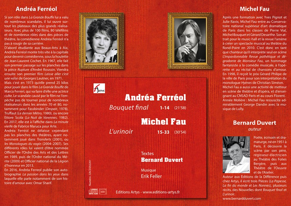 EditionsArtys's tweet photo. Parution aujourd'hui en livre audio (CD) de Bouquet final et L'urinoir, deux Nouvelles de @BernardDuvert lues par Andréa Ferréol et Michel Fau.  https://t.co/HIJhvC4k1m 
#editionsartys #bernardduvert #andreaferreol #michelfau #livreaudio #nouvelles #flaneriesdartcontemporain https://t.co/0a1NbqucRU