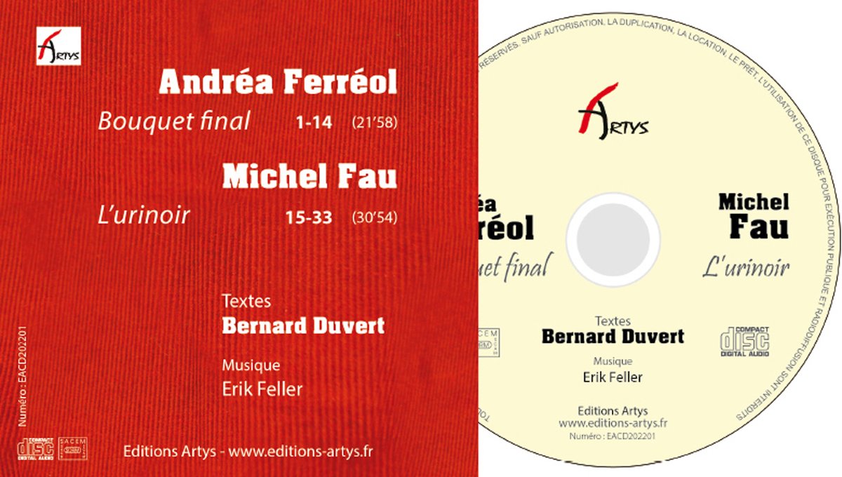 EditionsArtys's tweet photo. Parution aujourd'hui en livre audio (CD) de Bouquet final et L'urinoir, deux Nouvelles de @BernardDuvert lues par Andréa Ferréol et Michel Fau.  https://t.co/HIJhvC4k1m 
#editionsartys #bernardduvert #andreaferreol #michelfau #livreaudio #nouvelles #flaneriesdartcontemporain https://t.co/0a1NbqucRU