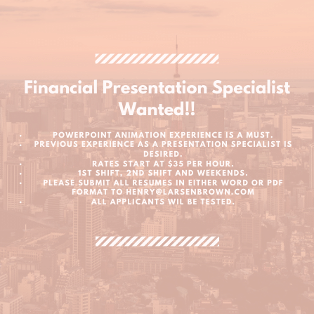 Larsen_Brown's tweet photo. Financial Presentation Operators needed. Various shifts are available! Email: henry@larsenbrown.com
#NYCjobs #PowerPoint #Presentationspecialist #Adobe #Creativesuite #Photoshop #Illustrator #InDesign #MapInfo #LarsenBrown #Financialsector https://t.co/U9Q4h0SudG