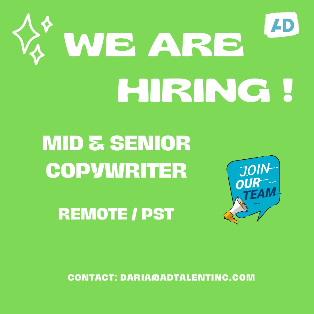 We are currently working with a mid size Portland- based creative agency, to help them hire Copywriters at the mid and senior levels. Please contact: Daria@adtalentinc.com
#ThursdayThoughts #ThursdayMood #copywriting