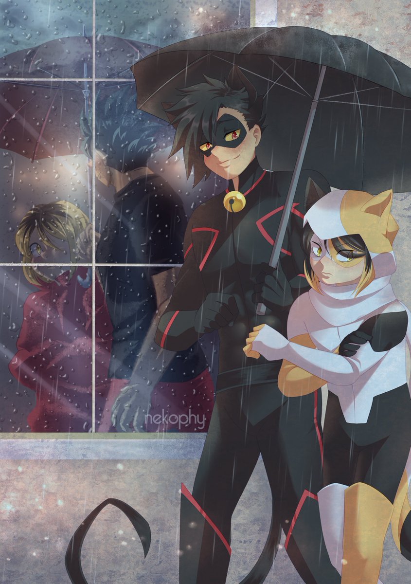 I finally posting my contribution  for <a href="/kurokenproject/">Beyond Worlds: A Kuroken AU Project</a> ! It's Miraculous Ladybug AU that I dub Miraculous Kodzuken 🐈🐈‍⬛✨ Kuroo is still a black cat, while Kenma is a calico cat- which- a male one just so happen to be a symbol of luck! 👀
Inspired by the umbrella scene ☔️🌈