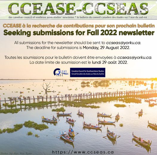 CCSEAS_CCEASE's tweet photo. Seeking submissions for CCSEAS Fall 2022 newsletter
Deadline: 29 Aug 2022

English: https://t.co/M7YQIvsj6Z 

French: https://t.co/J4wzqnGfzs

#AsianStudies #SEAsianStudies https://t.co/6Ej6njmc1V