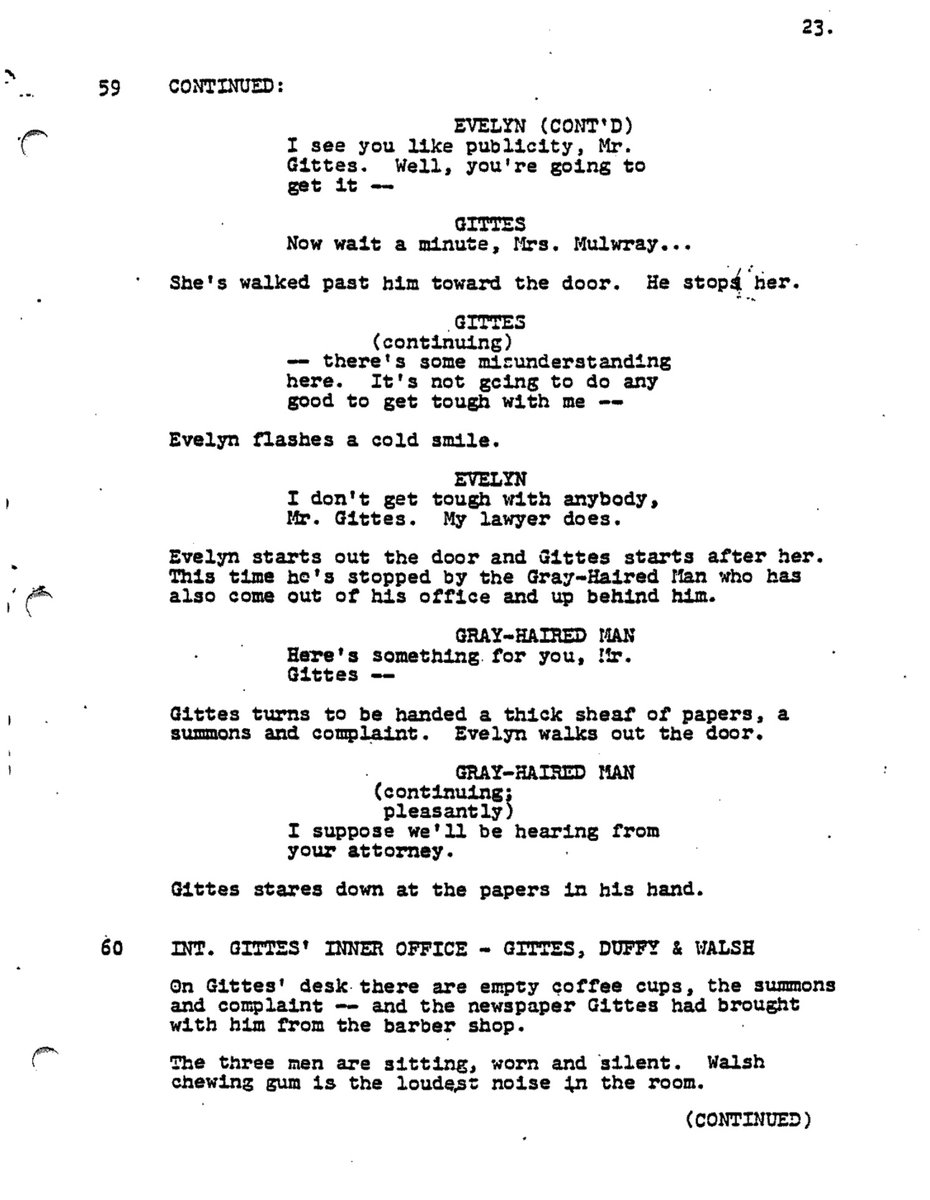 One_PerfectPage's tweet image. Chinatown (1974) By Robert Towne

Draft dated 10/9/73, Page 23