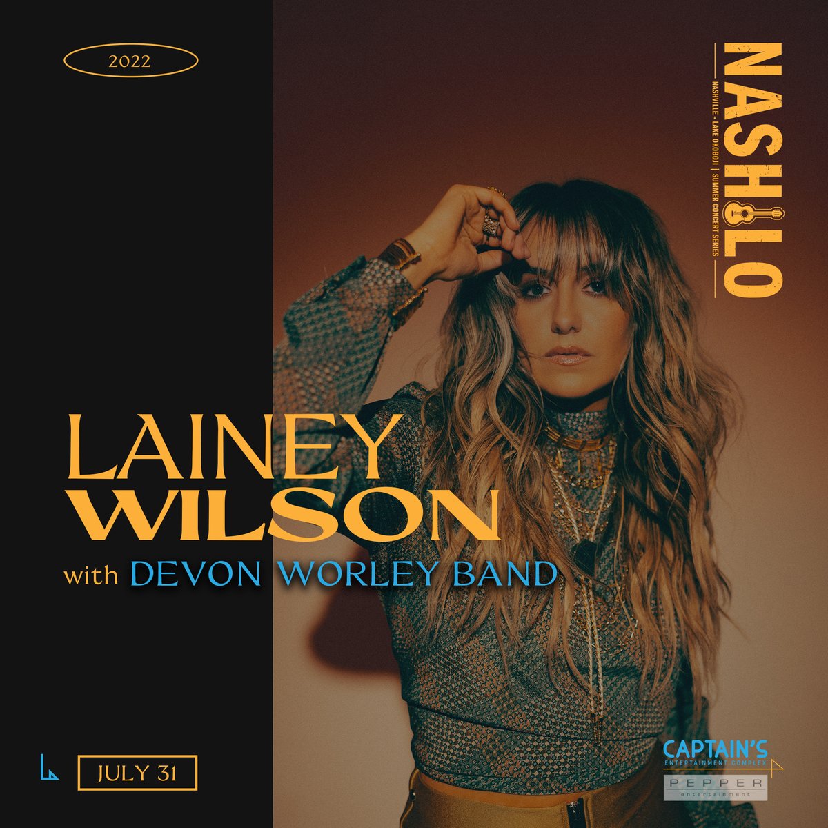 🌊☀️🎸 NASHLO Support
<a href="/nikomoon/">Niko Moon</a> / <a href="/skitzofonik/">Skitzo Fonik</a> / 7/3/22
<a href="/Morgan_Evans/">Morgan Evans</a> / <a href="/DanicaMichaels_/">Danica Michaels</a>  / 7/7/22
<a href="/caseydband/">Casey Donahew</a> / Jordan Jaacks / 7/28/22
<a href="/laineywilson/">Lainey Wilson</a> / <a href="/DWBcountry/">Devon Worley Band</a> / 7/31/22
<a href="/MaddieandTae/">Maddie & Tae</a> / <a href="/DavesHighway/">Daves Highway</a> / 8/11/22
NASHLO Concert Series <a href="/CaptainsGetaway/">Captain's Getaway</a> 
eventlink.to/NashLo2022