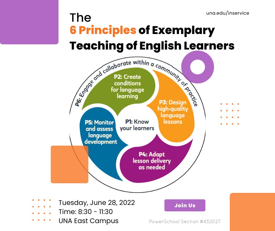 Join us for The 6 Principles of Exemplary Teaching of English Learners. Participants will explore exemplary teaching and learning of English as a new language
PowerSchool Section #432027
#neverstoplearningalabama <a href="/AlabamaAchieves/">Alabama State Department of Education</a>