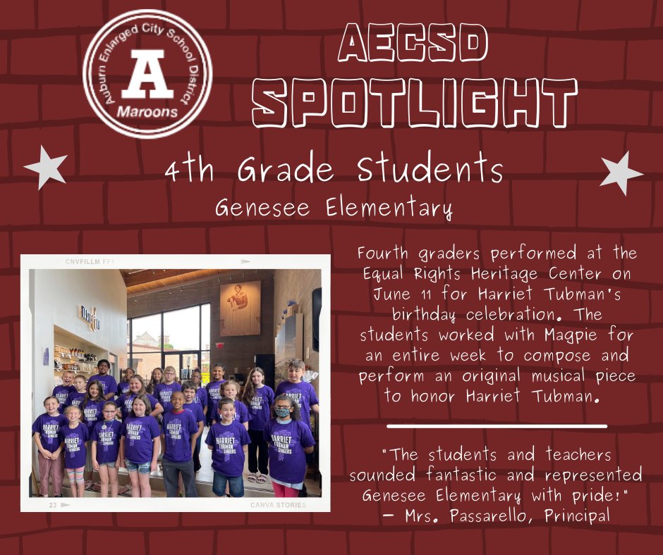 AuburnECSD's tweet photo. Fourth graders from @auburn_genesee performed at the @NYSERHC on June 11 for Harriet Tubman's birthday celebration. The students worked with Magpie for an entire week to compose and perform an original musical piece to honor Harriet Tubman. #GESpride #AECSDpride #AECSDspotlight https://t.co/72mVJvXCLY
