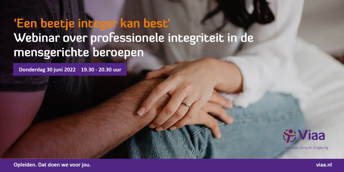 In het webinar op  30 juni zal o.l.v.  lector Bart Cusveller het onderwerp professionele integriteit in 3  blokken onder de loep genomen worden en hoe je het bespreekbaar maakt. ​ 

Ben jij erbij? Aanmelden kan nog tot a.s. maandag via viaa.nl/evenement/webi…