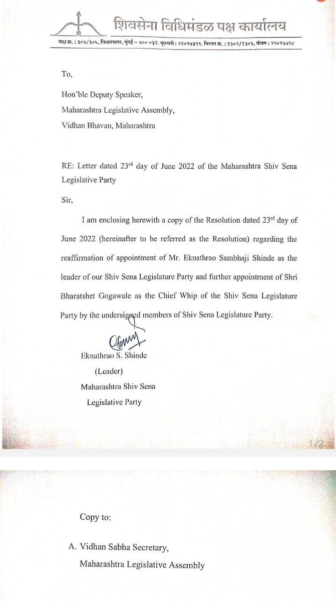 ANI's tweet photo. Rebel Shiv Sena leader Eknath Shinde wrote to the Deputy Speaker of Maharashtra Assembly regarding the reaffirmation of his appointment as the leader of the Shiv Sena Legislature Party &amp; further appointment of Bharatshet Gogawale as the Chief Whip of the party. https://t.co/M0yIYI7sia