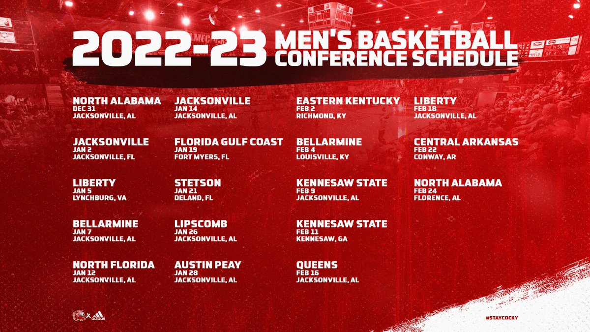 JaxStateMBB's tweet photo. 🚨2022-23 ASUN SCHEDULE🚨
The defending @ASUN_MBB champs open their conference slate at home on New Year's Eve against rival North Alabama to begin an 18-game lineup!
🔗 https://t.co/xoPmcg28Rj #FearTheBeak https://t.co/fn7vcCZLc5
