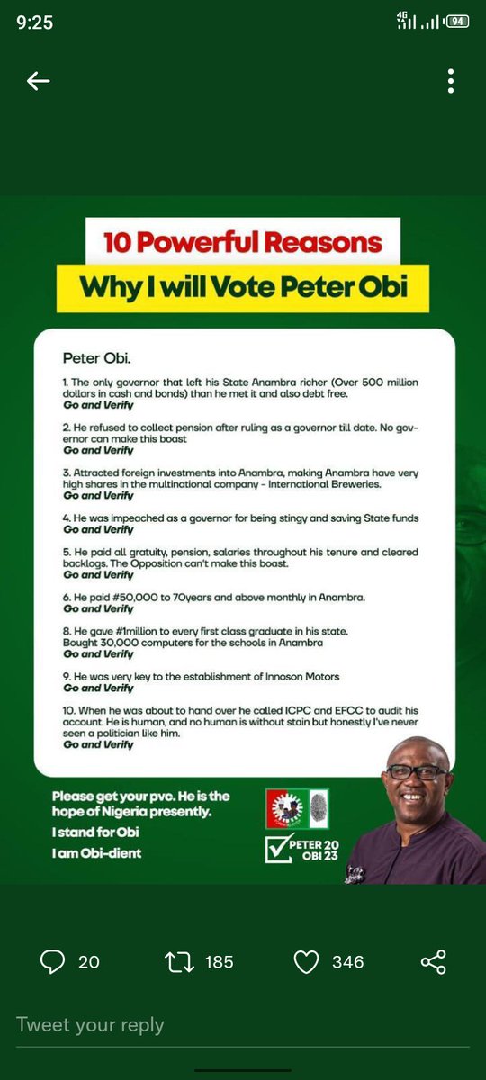 chris_ogunka's tweet photo. Nigeria stand a greater chance of an inclusive government devoid of percentages and tribalism. Even Atiku and tinubu know they are no match for peter in terms of credibility. He is unmatched
#PeterObi4President 
#LiesofPeterObi #LiesOfTinubu Igbos #AsuuStrikeUpdate Ike Ekweremadu https://t.co/27aI862sjz