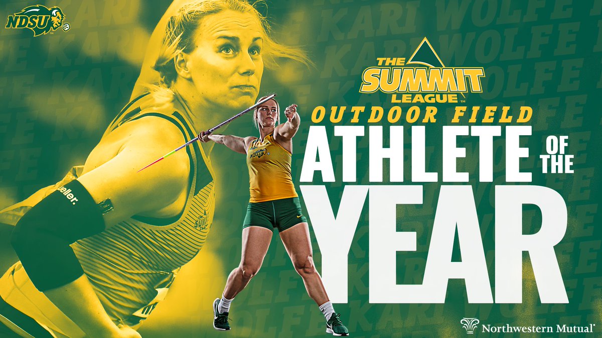 NDSUTrackField's tweet photo. 𝗞𝗮𝗿𝗶 𝗪𝗼𝗹𝗳𝗲
𝘚𝘶𝘮𝘮𝘪𝘵 𝘓𝘦𝘢𝘨𝘶𝘦 𝘍𝘪𝘦𝘭𝘥 𝘈𝘵𝘩𝘭𝘦𝘵𝘦 𝘰𝘧 𝘵𝘩𝘦 𝘠𝘦𝘢𝘳

🏆 Top-finishing Summit athlete at NCAA meet
🏆 10th in javelin at NCAA Championships
🏆 3rd straight Summit League javelin title https://t.co/a2wojTaPat