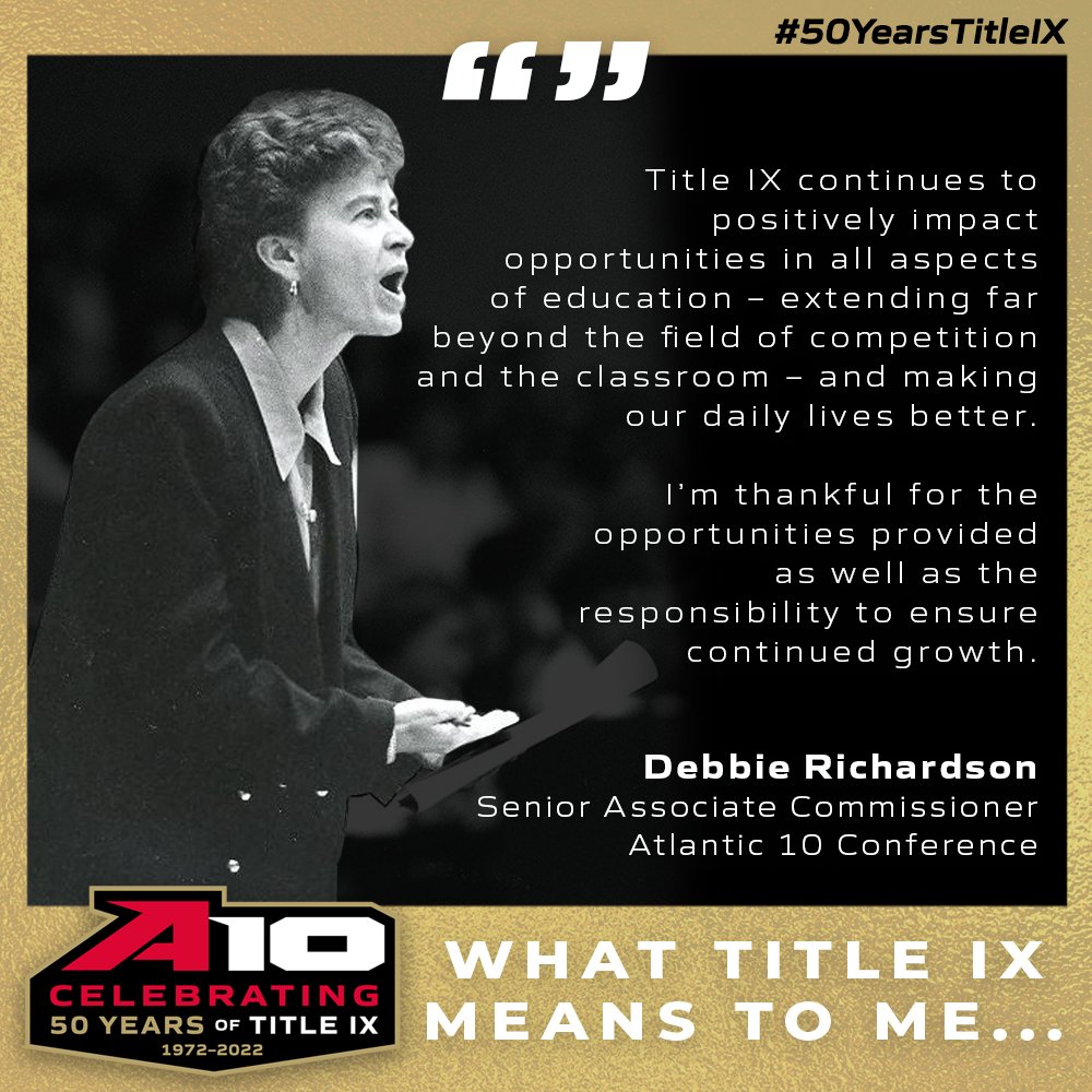 atlantic10's tweet photo. π Student-athlete
π
Coach
π Administrator
π£ Debbie Richardson, A-10 Senior Assoc. Commissioner on #50YearsTitleIX https://t.co/I2LlBk5glp