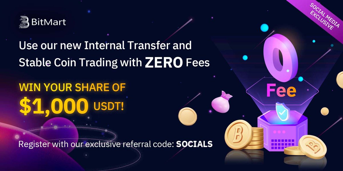 🎁Wanna enjoy ZERO transfer and trading fees &amp; win a piece of $1,000 USDT?

1⃣Follow, RT &amp; tag 3 friends
2⃣Register with #BitMart🔗bitmart.com/en?r=SOCIALS
3⃣Make an internal transfer OR trade on stable coins with a 0 rate

⏰By 6/27 10AM EDT
Join now👉 forms.gle/bAM2ivHTN4LZPs…