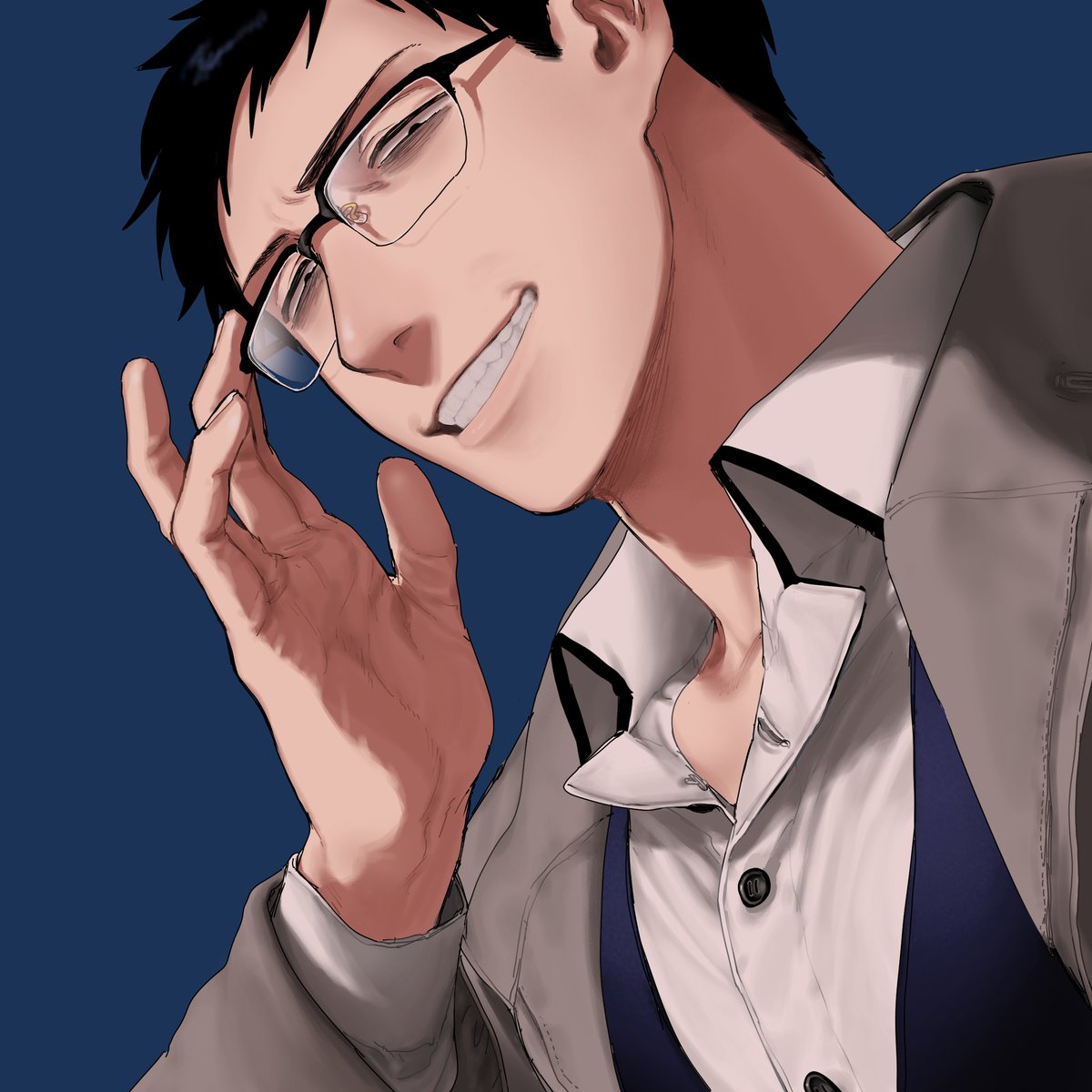 1boy male focus glasses black hair solo smile blue background  illustration images