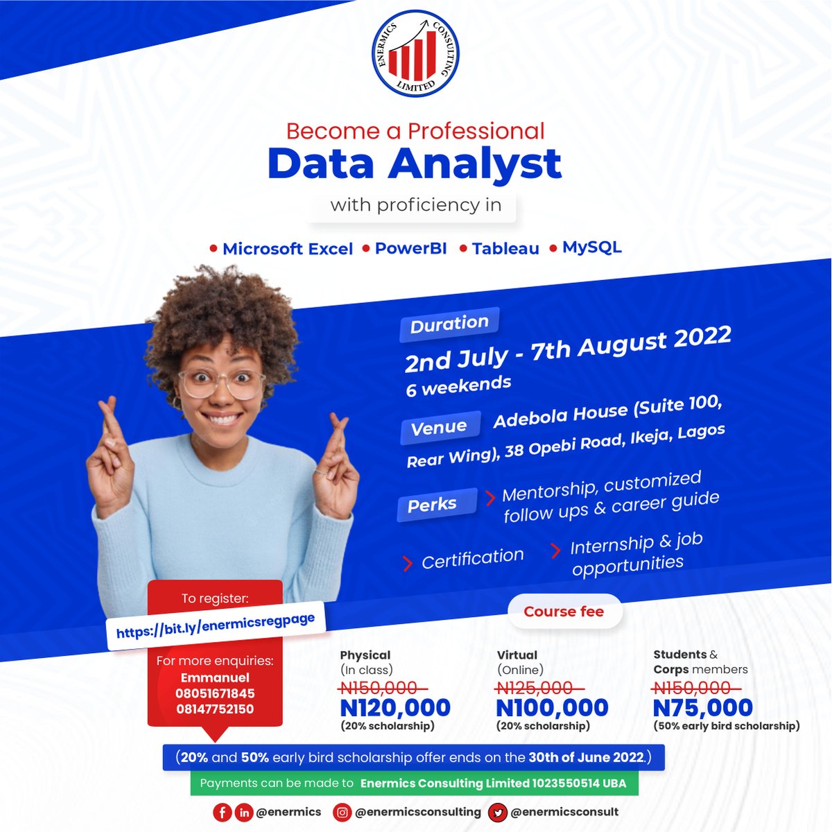 EnermicsConsult's tweet photo. Data Analytics Masterclass
Register for this course using the link: https://t.co/sE4wZbePbE
Best part, early bird discounts of up to 50% are available. Don't sleep on it!!!
#dataanalytics #datamasterclass #techskills #datatraining https://t.co/ogkHUW8KnS