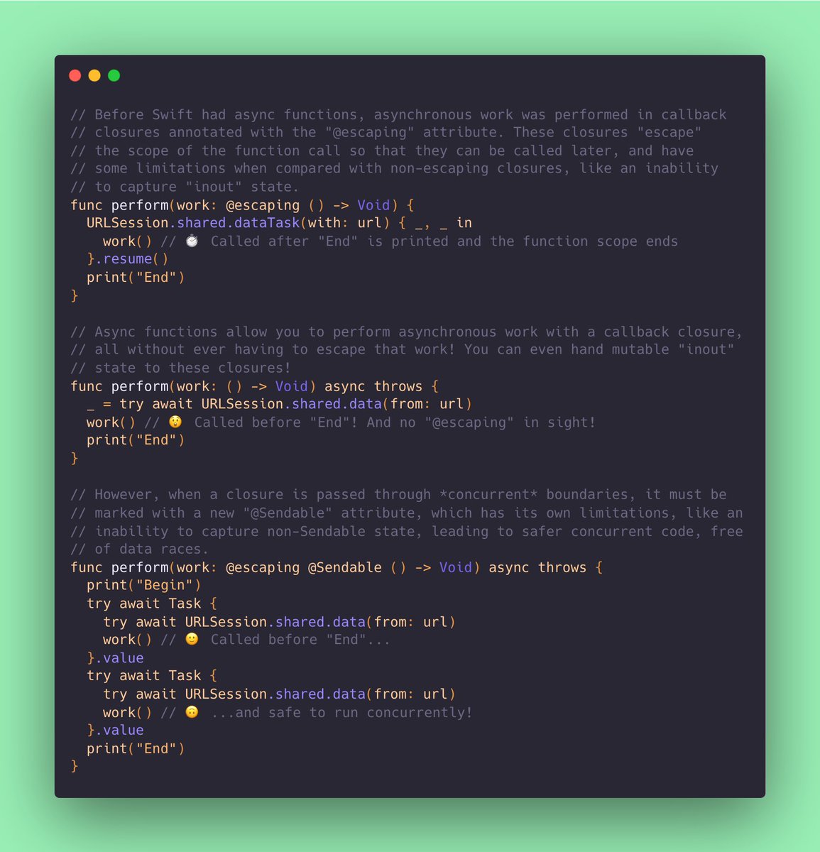 What’s @‍Sendable? And how does it relate to @‍escaping???

Where @‍escaping allows a function to be passed across asynchronous boundaries, @‍Sendable allows a function to be passed across concurrent boundaries.

Learn more: pointfree.co/episodes/ep193…