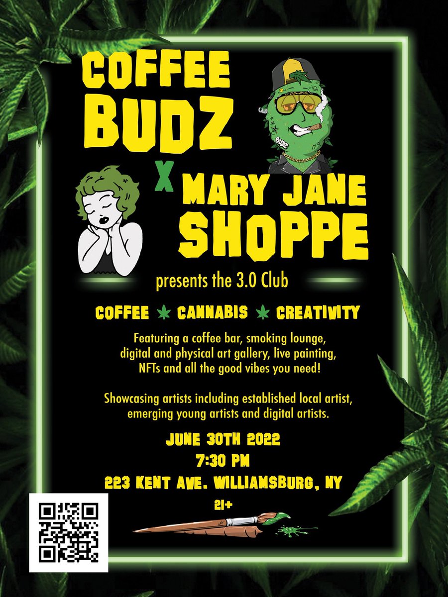 ☕️Are you into coffee and cannabis? Are you an art lover? 🖼

📍CoffeeBudz NFT is the community for you. 📍

🤝Come drink a cup of coffee, roll a joint, network and create with like-minded individuals. 💡

#nftcommunity #coffeebudznft #brooklyn #artshow #artist #artcommunity