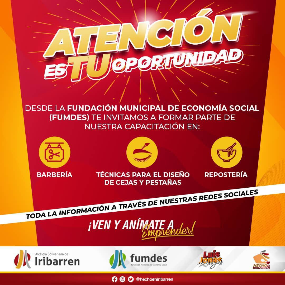 MarcialM2's tweet photo. #23Jun ¡ATENCIÓN! ES TU OPORTUNIDAD
El Alcalde @LuisJonasReyes a través del #FUMDES te invita a formar parte de lo programas de capacitación en:
💇🏻♂️ BARBERÍA
🎂 REPOSTERÍA
👩🏽🦱 TÉCNICAS PARA EL DISEÑO DE CEJAS Y PESTAÑAS
Anímate a emprender 😉✌🏽
#PrevenirEsSalud @NicolasMaduro https://t.co/LFvxafg8IK