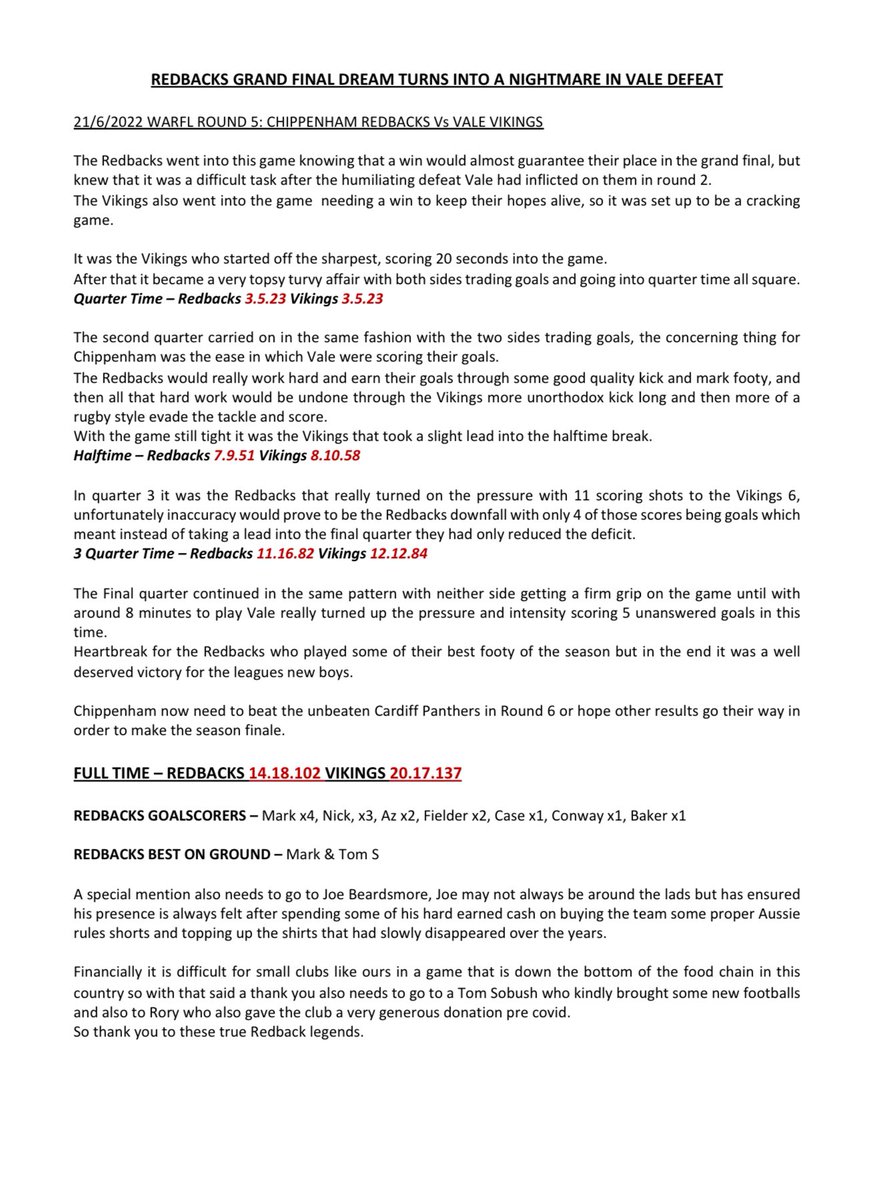 Chippenham Redbacks Aussie Rules FC (@chipredbacks) on Twitter photo Tuesday night wasnāt our night, but congratulations to <a href="/ValeVikingsAFC/">Vale Vikings AFC</a> on a well deserved win. Tuesday night wasnāt our night, but congratulations to <a href="/ValeVikingsAFC/">Vale Vikings AFC</a> on a well deserved win.