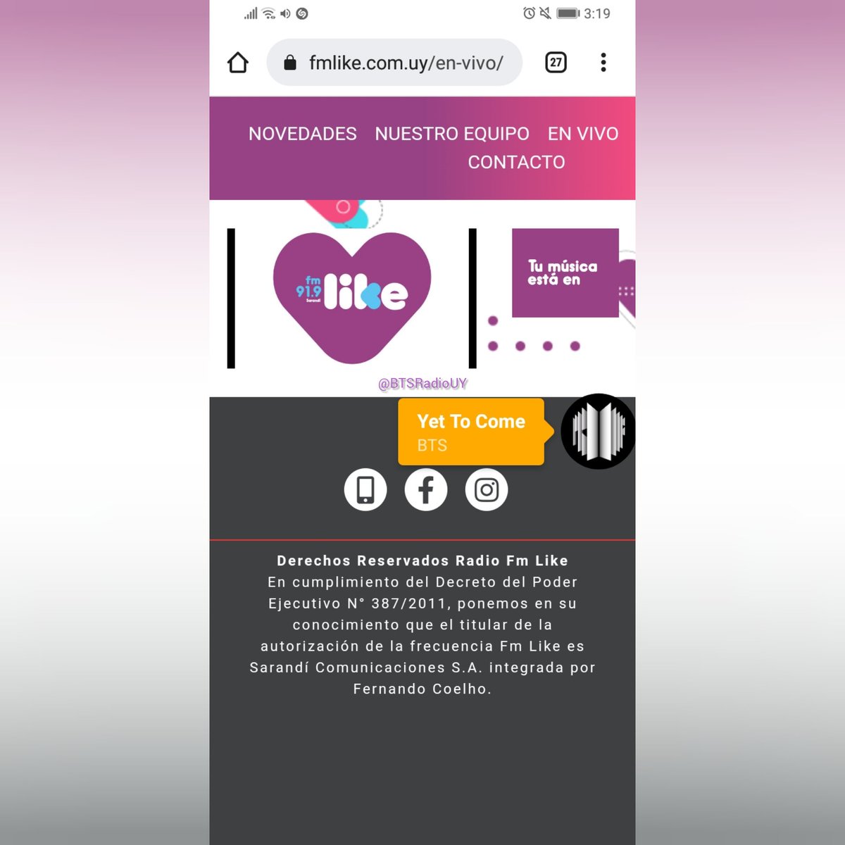 BTSRadioUY's tweet photo. [📻 Radio]

¡Sonó #YetToCome de @BTS_twt en FM Like 91.9! 🎵

Muchísimas gracias a Florencia Hernández por programar la canción durante #TardeLike y ARMY que solicitó 🙌

¡Apoyemos a #BTS!

#SuenaBTSenUruguay https://t.co/WOzbNR0WoX
