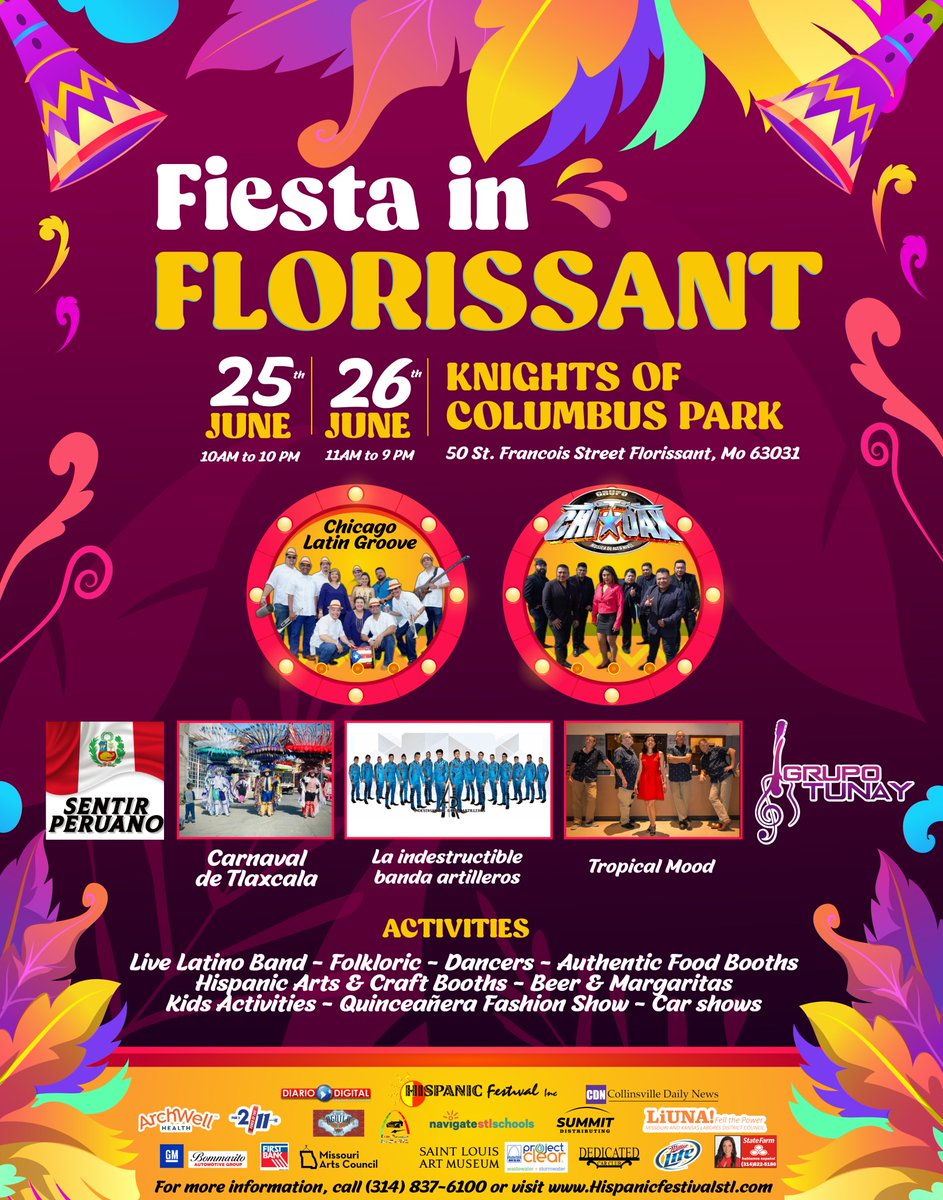 HCCMetroSTL's tweet photo. The @HisFestivalSTL will be presenting "Fiesta Florissant" at the Knights of Columbus Park! You can't miss it there will be live music, folkloric dances & more! Follow this link to learn more: https://t.co/ybpHJV7sm1
#HCCSTL #HCC #saintlouis #stlouismo #stl #fiesta #florissant https://t.co/ZFeAeMIYnj
