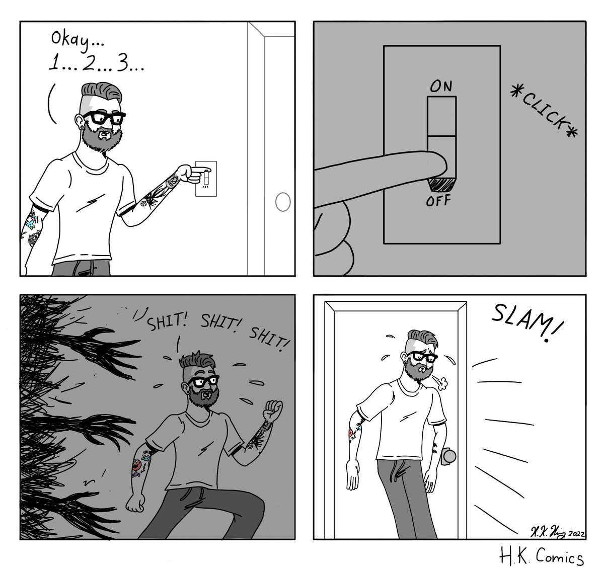 HK_Comics's tweet photo. “Run!” 
#HKComics #comic #webcomic #comicstrip #funny #humor #dark #darkness #run #nyctophobia #fear #phobia https://t.co/TyXOIpukDg