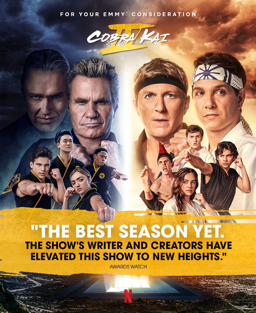Attention Emmy Voters! We are so proud of Season 4. NOW is the time to support your favorite dojo! VOTE first! VOTE hard! VOTE with No Mercy!

#CobraKai #Netflix #FYC #Emmys