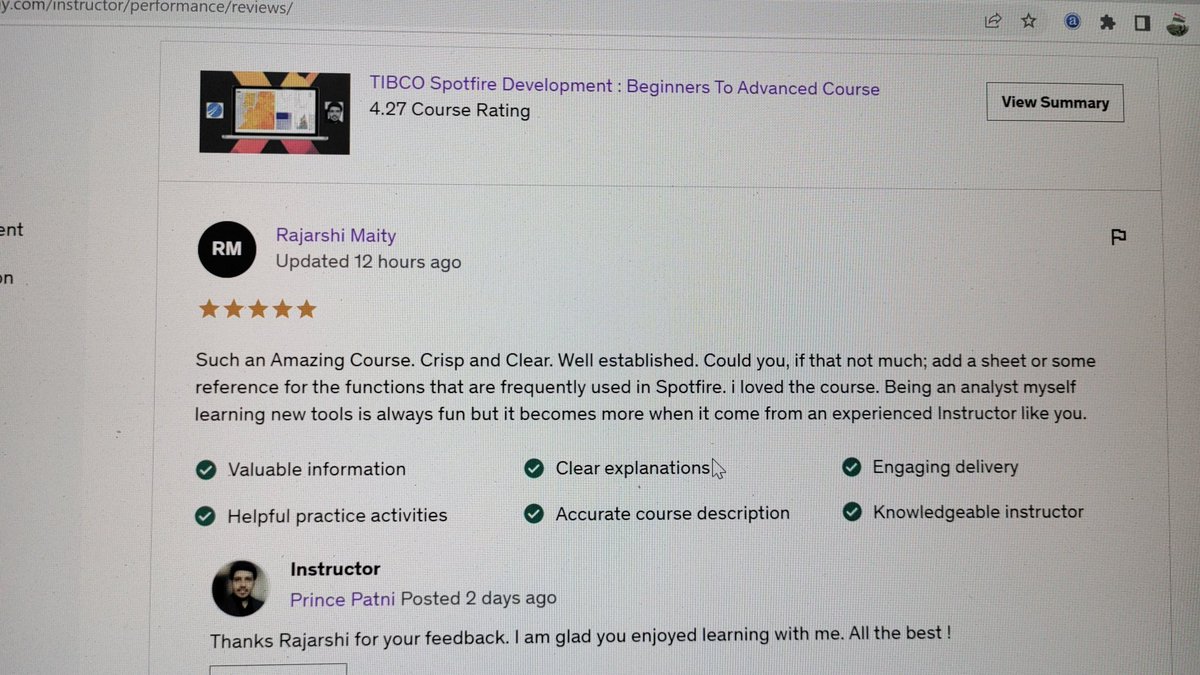 princepatni's tweet photo. Feels great to get such inspiring feedbacks !
@udemy @TIBCO #edtech #onlineinstructor #udemy #tibcospotfire #datascience #businessintelligence #Bi #DataAnalytics #businessanalytics #udemycoupon #100daysofcode https://t.co/EjjhnnIQJC
