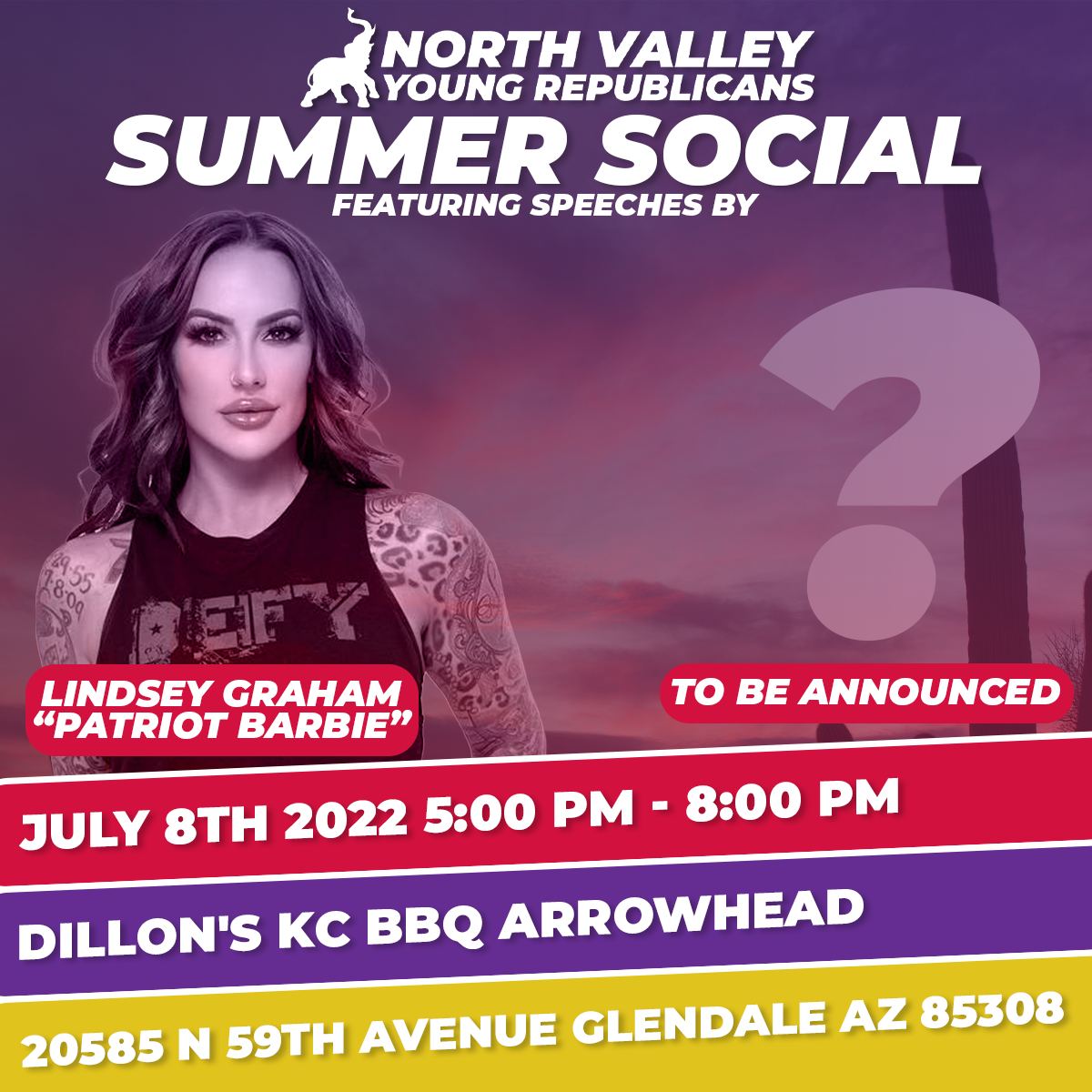 YC_Arizona's tweet photo. Join the North Valley YRs and Lindsey Graham for a Summer Social on July 8th from 5-8pm at Dillon's KC BBQ Arrowhead!

We have an exciting lineup of guests that will be announced over the next few days!

RSVP Below:
(FB) https://t.co/ZMmmz4tf4N
(EB) https://t.co/dr71KB9tcI https://t.co/PEgvlOqVWw