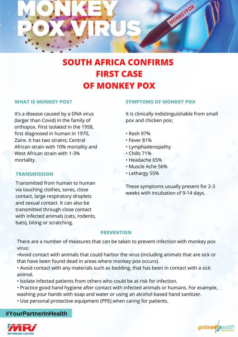 BotswanaMri's tweet photo. A case of Monkeypox has been confirmed in South Africa.

Monkeypox is a virus transmitted to humans from animals.
See what you need to know about the viral infection
#staysafe #avoidclosecontact #mrigoldstandard #YourPartnerInHealth https://t.co/qwdfwKzFwa