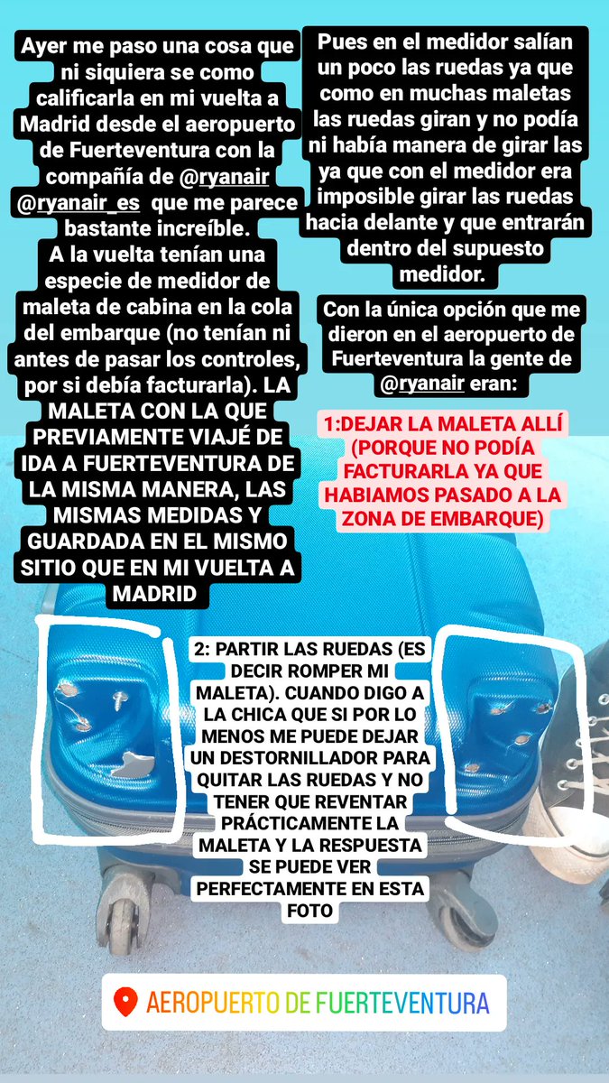 Parri_21's tweet photo. Esto fue lo que me sucedió ayer al volver a Madrid desde el Aeropuerto de Fuerteventura con la compañía 
@Ryanair @Ryanair_ES https://t.co/INXRf4nyYX