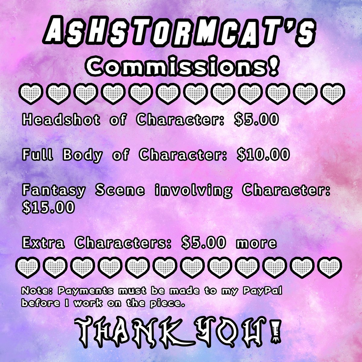 AshstormCat's tweet photo. [COMMISSIONS] Ashstorm’s Art Shop!
Hey everyone! 👋😄 Here’s the updated commissions info sheet! This time the text is black on white. 😎
Tags: #ashstormcat #art #digitalart #drawing #anime #animeoc #originalcharacter #commissions https://t.co/96kGSFNLNn