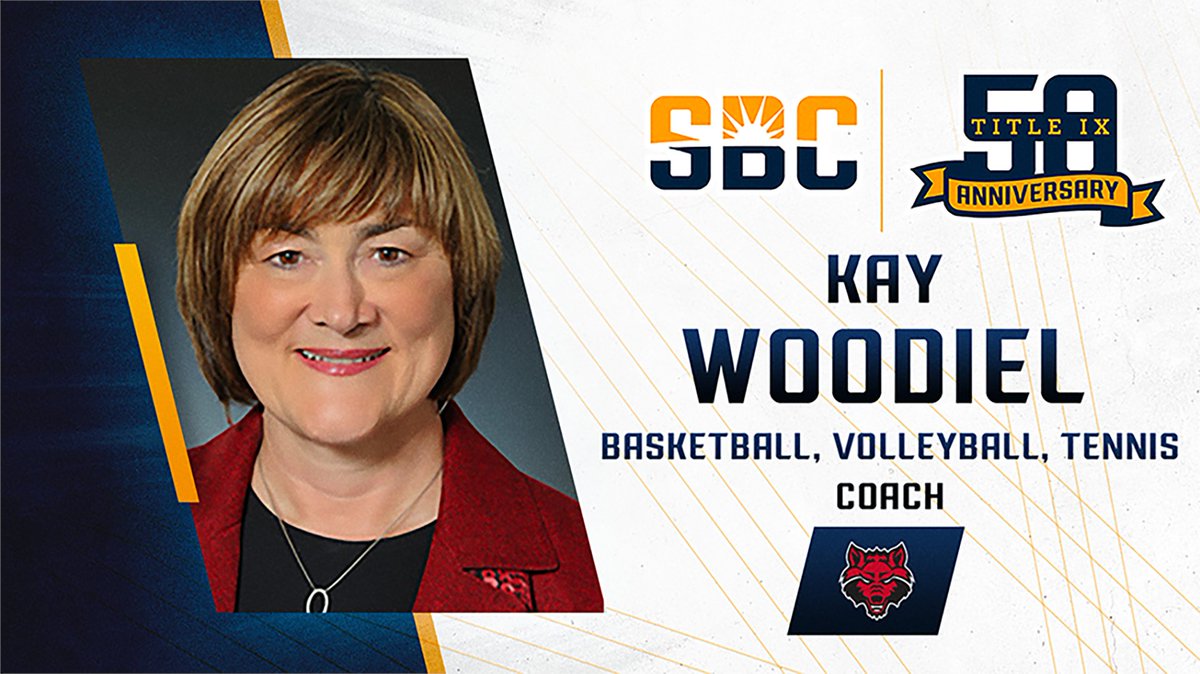 SunBelt's tweet photo. 𝗞𝗔𝗬 𝗪𝗢𝗢𝗗𝗜𝗘𝗟.

.@kwoodiel began the women’s athletics program @AStateRedWolves, where she also coached volleyball, women’s basketball, and tennis. ☀️ 🏐

🎧  » https://t.co/1R6tjbHr74

#TitleIX50 | #TitleIXat50 https://t.co/nF8GhB6kYQ