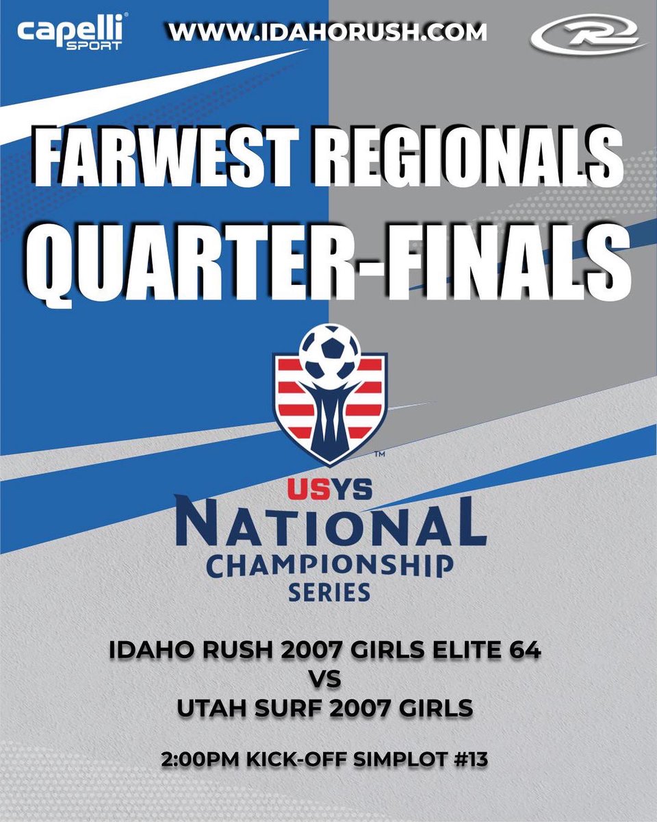 GOOD LUCK to the 2007 Girls Elite 64 and 2004-03 Girls Elite 64 as they have advanced and will compete on Friday in the Quarter Finals of the 2022 USYS Farwest Regional Championship 🏆
.
Come out and support and cheer our teams on. <a href="/RushSoccer/">Rush Soccer</a> <a href="/IDYouthSoccer/">Idaho Youth Soccer</a>