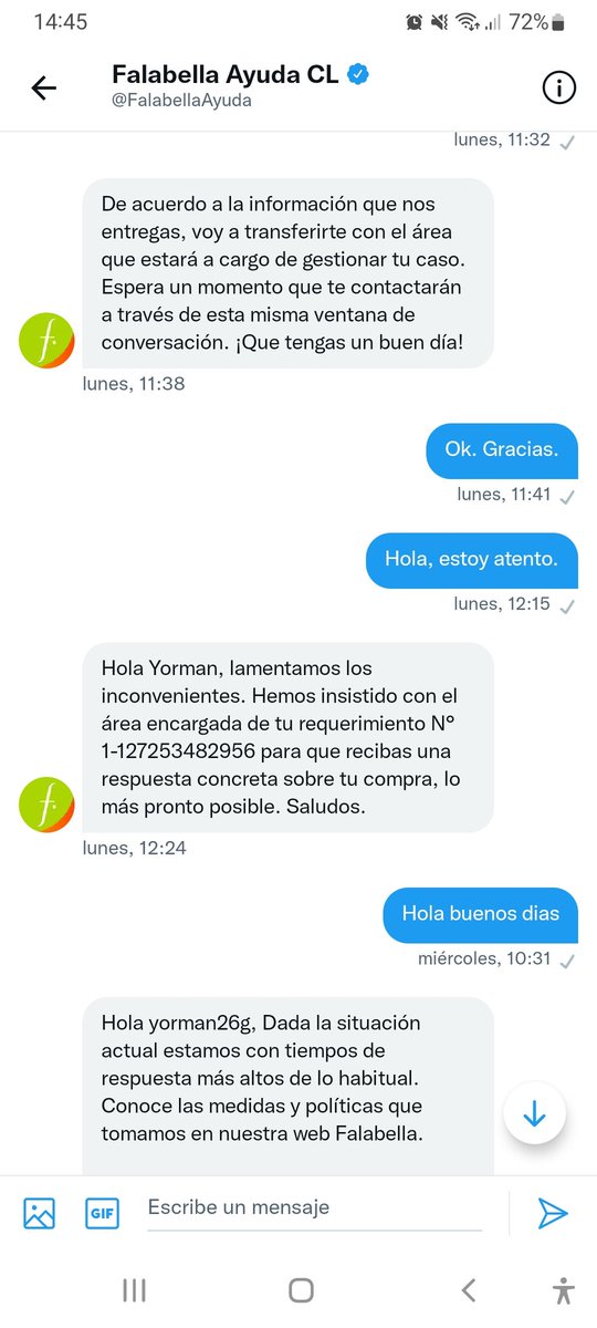 yorman26g's tweet photo. @FalabellaAyuda tengo un problema, Quisiera saber para que me mandan a hablar por DM si NO hay solución concreta? Esto es lo mismo y se supone esto debió llegar hace más de 10 días atrás... ¿Como NO pueden hacerse responsable de sus malos servicios? https://t.co/qcWlAJJkKQ