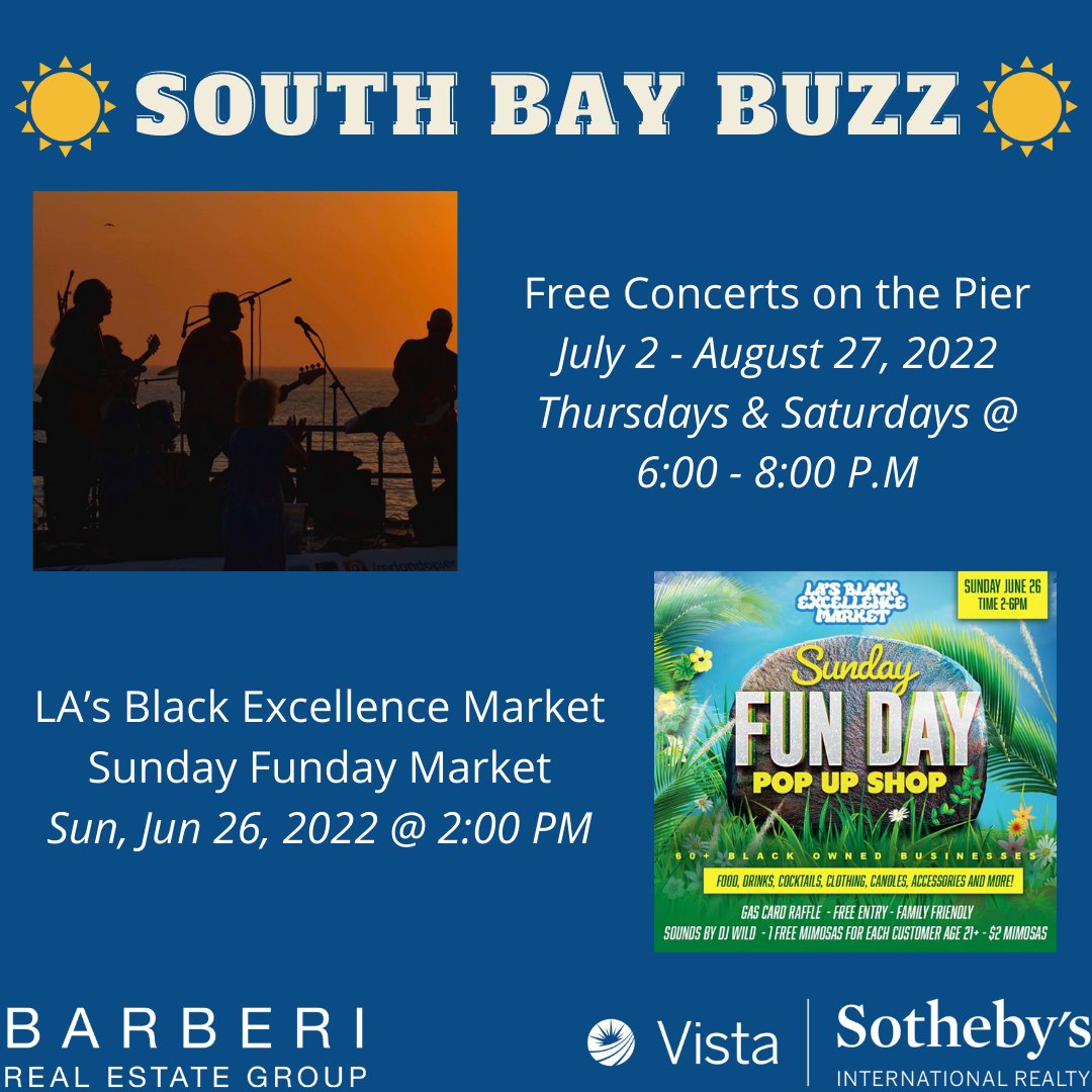 TonyBarberi's tweet photo. Check out these fun activities to do this weekend! For even more things to do, message us to be added to our mailing list for the South Bay Buzz!🏡

Tony Barberi
Barberi Real Estate
Vista Sotheby's International Realty
Cell: 310-529-2344
DRE#01351812 https://t.co/G3ZzL6WvKM