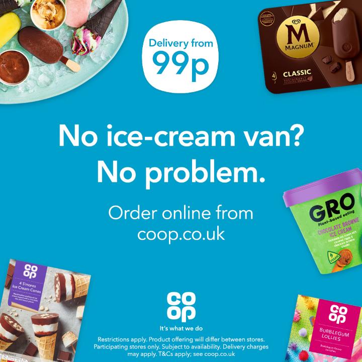 Your local <a href="/coopuk/">Co-op</a> delivers! Get delicious ice-cream straight to your door from Mkt Jew Street Penzance from just 99p. Find out more at shop.coop.co.uk 🙌